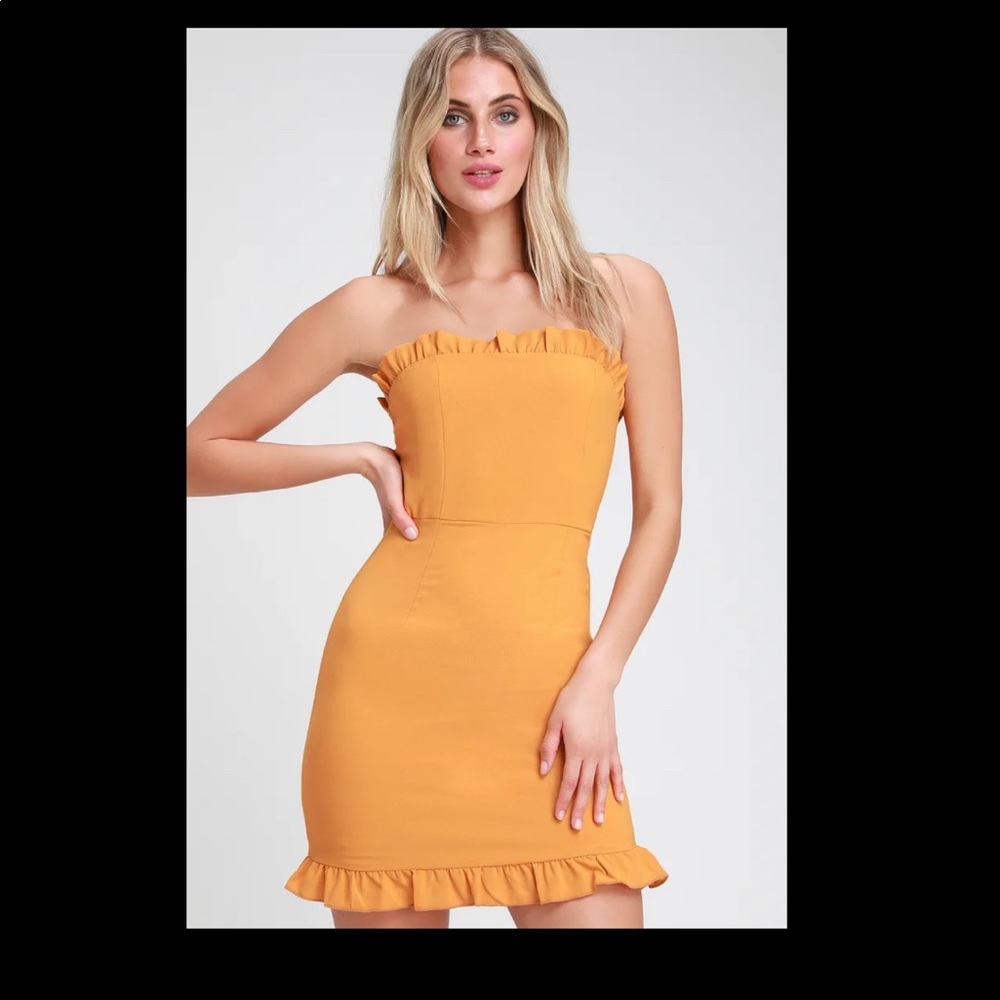 XS Golden Yellow Strapless Ruffled Bodycon Dress